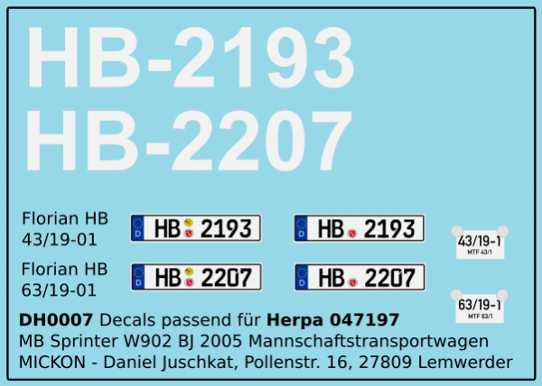 Feuerwehr Bremen - Ergänzungsdecals für Herpa (047197) MBSprinter MTW´05