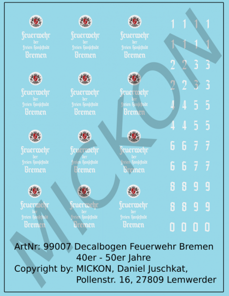 Feuerwehr Bremen 40er - 50er Jahre universal Decalbogen