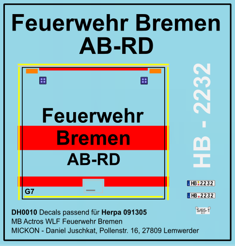 Feuerwehr Bremen - Ergänzungsdecals für Herpa (091305) MB Actros WLF "Rettungsdienst"