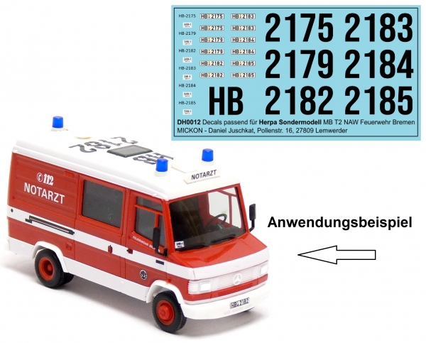 Feuerwehr Bremen NAW - Ergänzungsdecals für Herpa (943444) Mercedes-Benz T2
